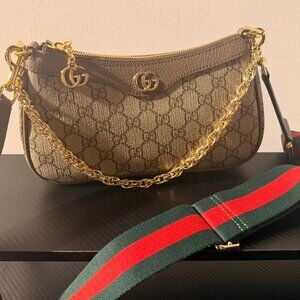 Gucci GG Supreme Mini Shoulder Bag with Web Strap & Chain